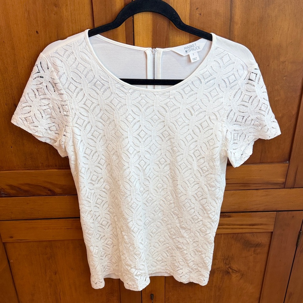 Market & Spruce White Lace Short Sleeve Twee Blouse with Back Zipper